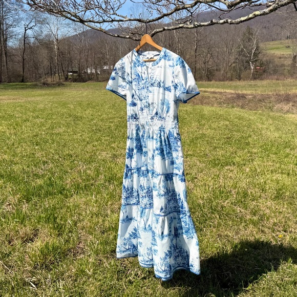 Blue White Toile Maxi Dress L Coastal Grandmother Cottagecore Tiered 100% Cotton - Picture 12 of 12